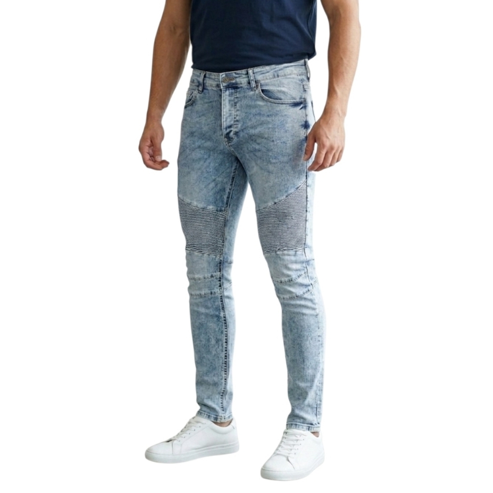 H&M Divided Jeans Men's Size 34 Denim Blue Button Fly Skinny Moto Biker